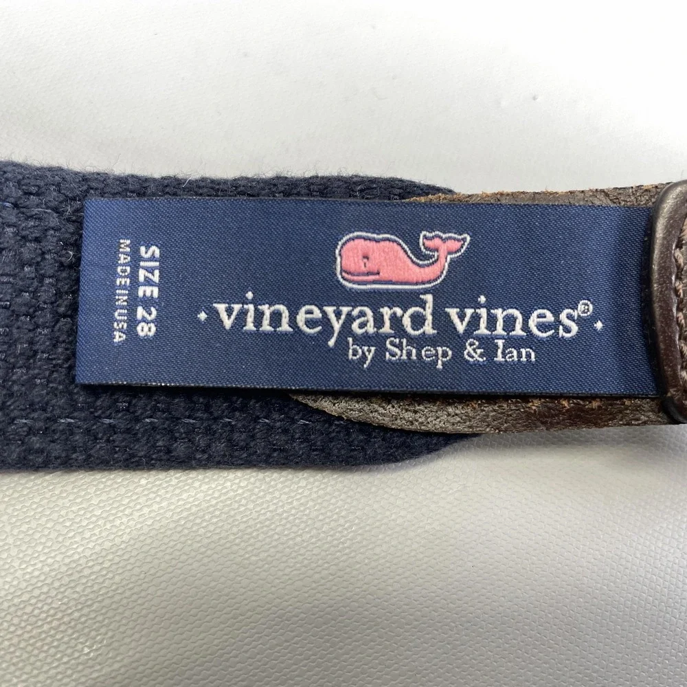 Vineyard Vines Belt Mens 28 Navy Pink White Whale Ribbon Solid Brass Buckle -USA